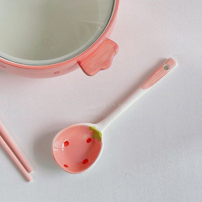 Kawaii Ceramic Strawberry Ramen Bowl Spoon