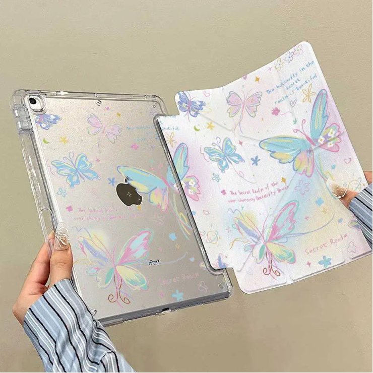 Clear case with butterfly design held by a person against a beige background