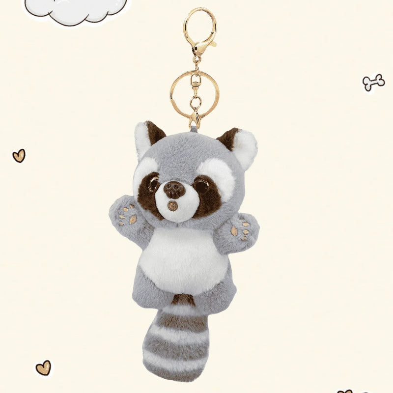 kawaii dark grey raccoon plushie keychain on a white background with small hearts