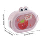 Pink children's lunch box with a strawberry design and measurements on a white background