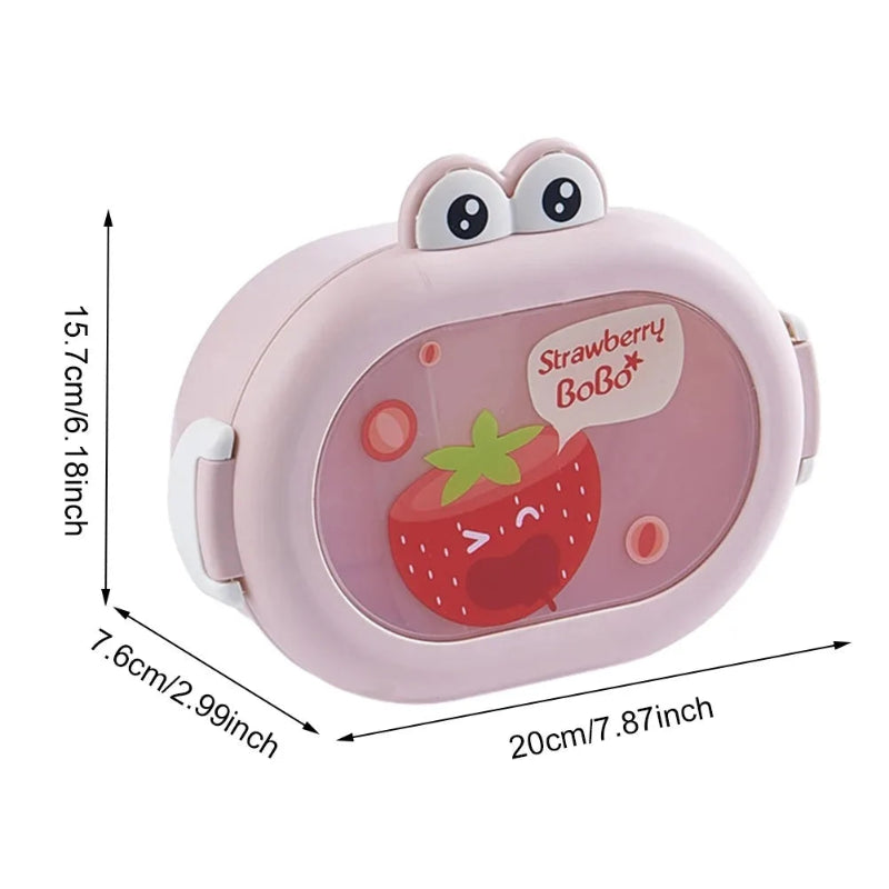 Pink children's lunch box with a strawberry design and measurements on a white background