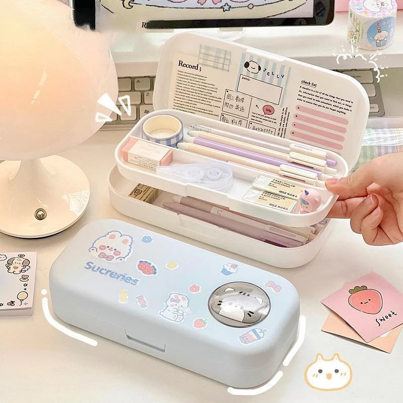 Cute stationery case with stationery items on a desk