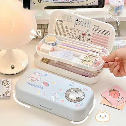 Cute stationery case with stationery items on a desk
