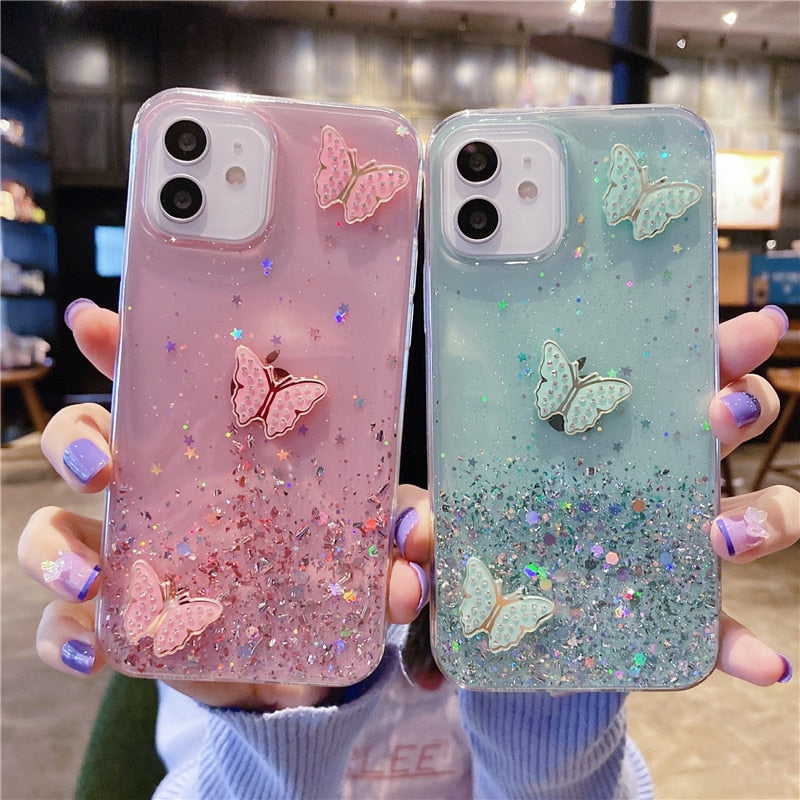 Kawaii Pink and Green Glitter Butterfly iPhone Cases