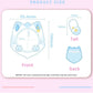 Product size diagram for a cat-shaped item, showing front and back measurements with dimensions labeled in millimeters on a pink and white layout.