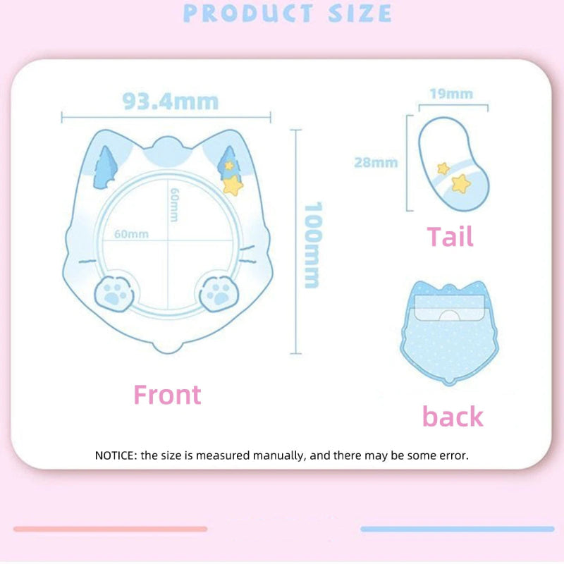 Product size diagram for a cat-shaped item, showing front and back measurements with dimensions labeled in millimeters on a pink and white layout.