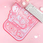 Pink cartoon axolotl themed mouse pad with a keyboard on a pink background