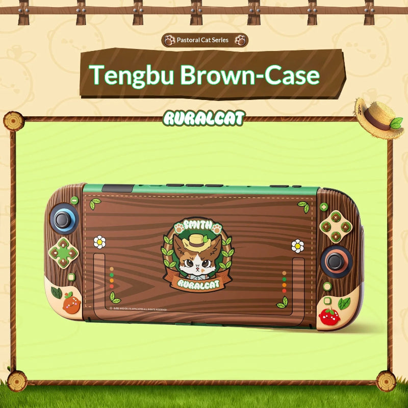 Brown case with cat design and 'Pastoral Cat Series' branding on a green background