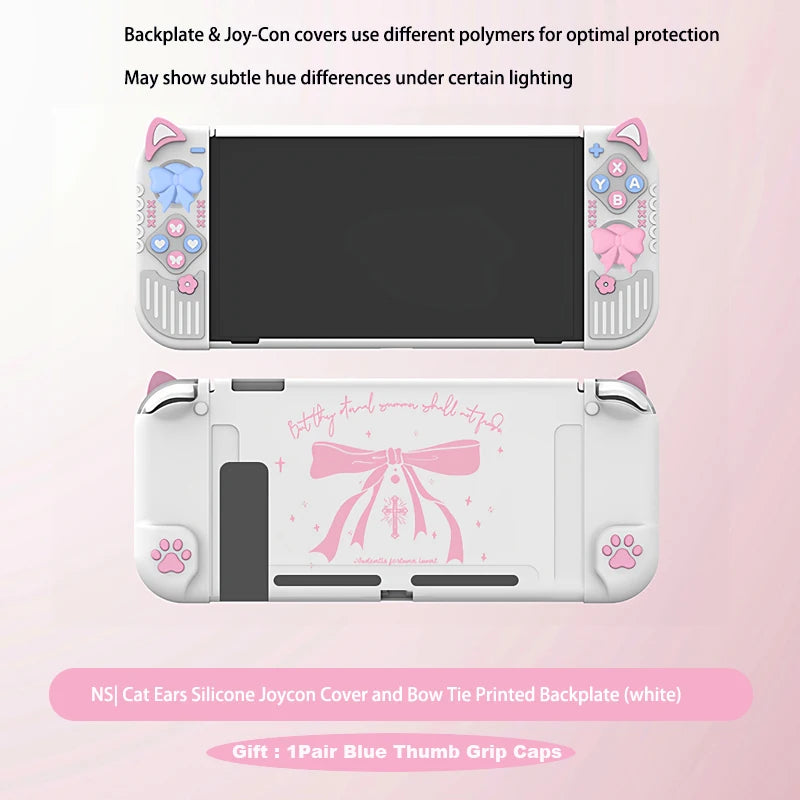 Gaming console with cat ears silicone cover and bow tie printed backplate on a pink background