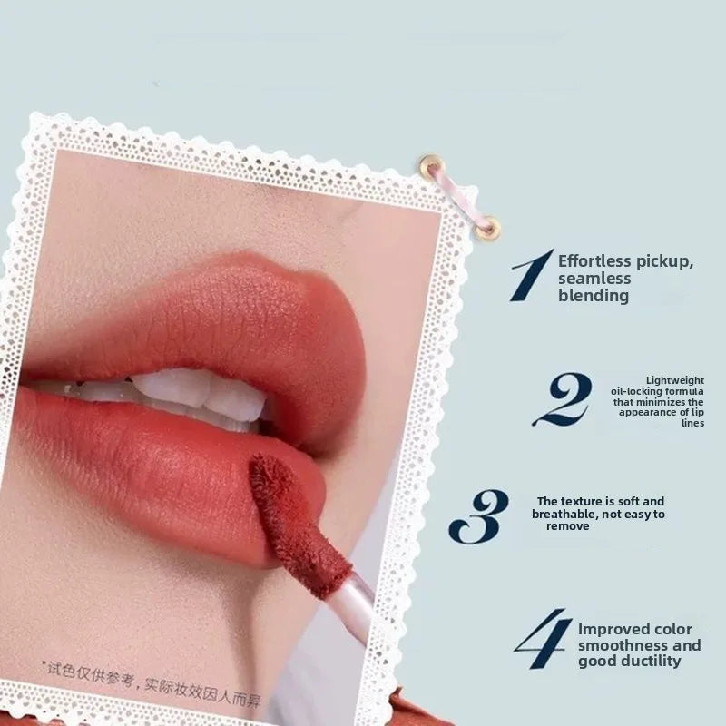 Lip cream being applied to lips with text highlighting features on a light blue background