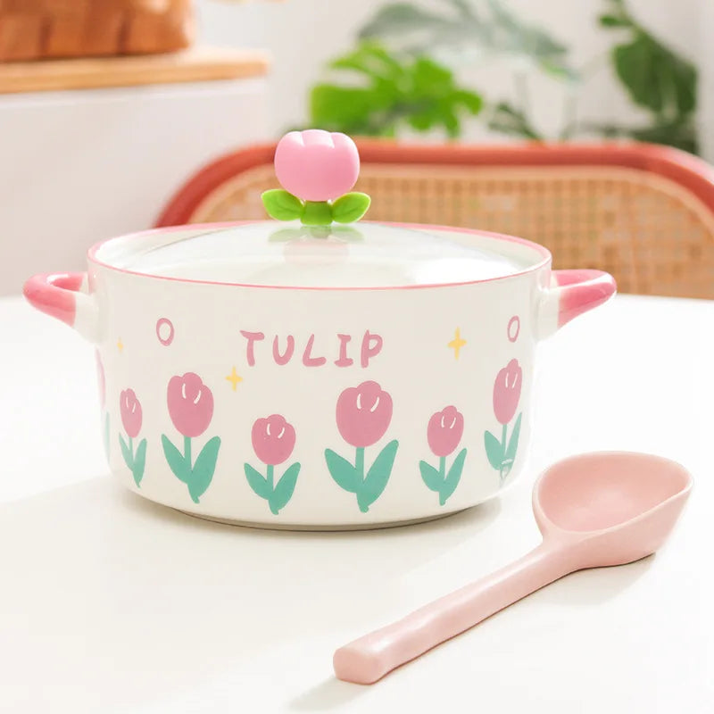 Kawaii pink Flower Ramen Bowl set sitting on countertop with included spoon