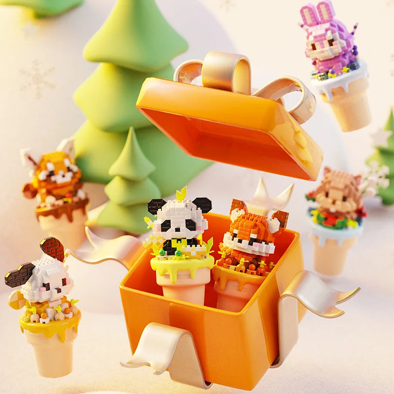 kawaii ice cream building block animals displayed emerging out of a present box