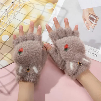 Kawaii Plush Bunny Mittens in Khaki