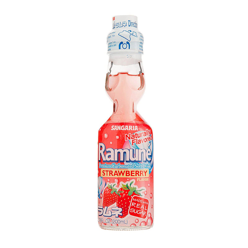 Sangaria Ramune Strawberry, glass bottle displayed on a white background