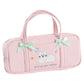 Pink pencil bag with a cat design and bows on a white background