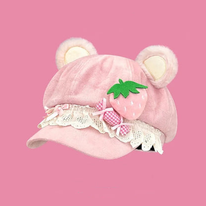 pink bear heat with kawaii strawberry details and lace