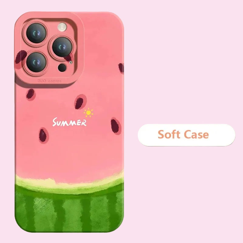 Phone case with watermelon design and 'Summer' text on a beige background