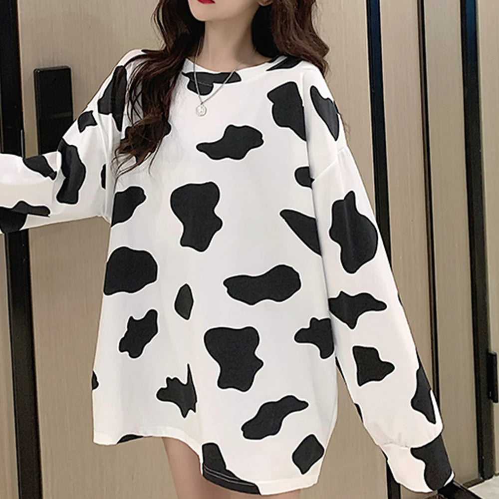 Kawaii Long Sleeve Loose Cow Print Top