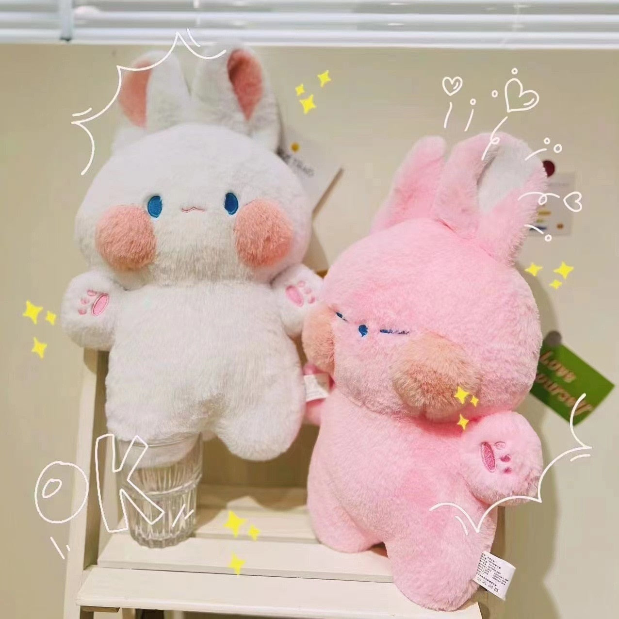 Kawaii White and Pink Funny Bunny Plushies