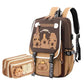 Brown and beige backpack with cartoon capybara design on a white background