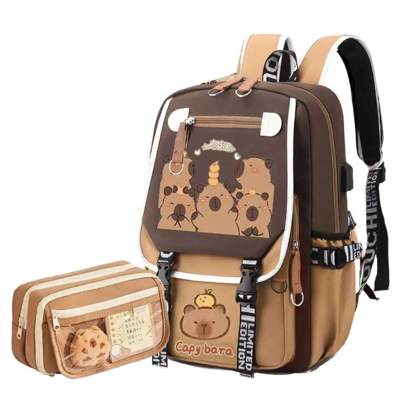 Brown and beige backpack with cartoon capybara design on a white background