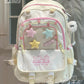 Backpack with star designs and visible brand logo, held by a person.
