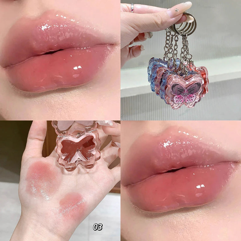 women displaying kawaii butterfly lip gloss shade 03 on her lips