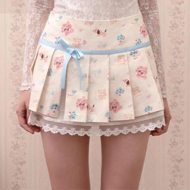 Kawaii Animals Pleated Mini Skirt