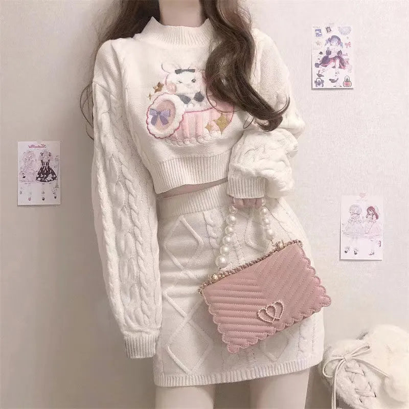 Embroidered Bunny Knit Sweater Outfit