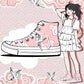 A stylized illustration shows a large pink high-top sneaker with white cloud and bird motifs beside a cartoon girl in a white ruffled dress and pink backpack. The background is a pale pink patterned field with birds and clouds.