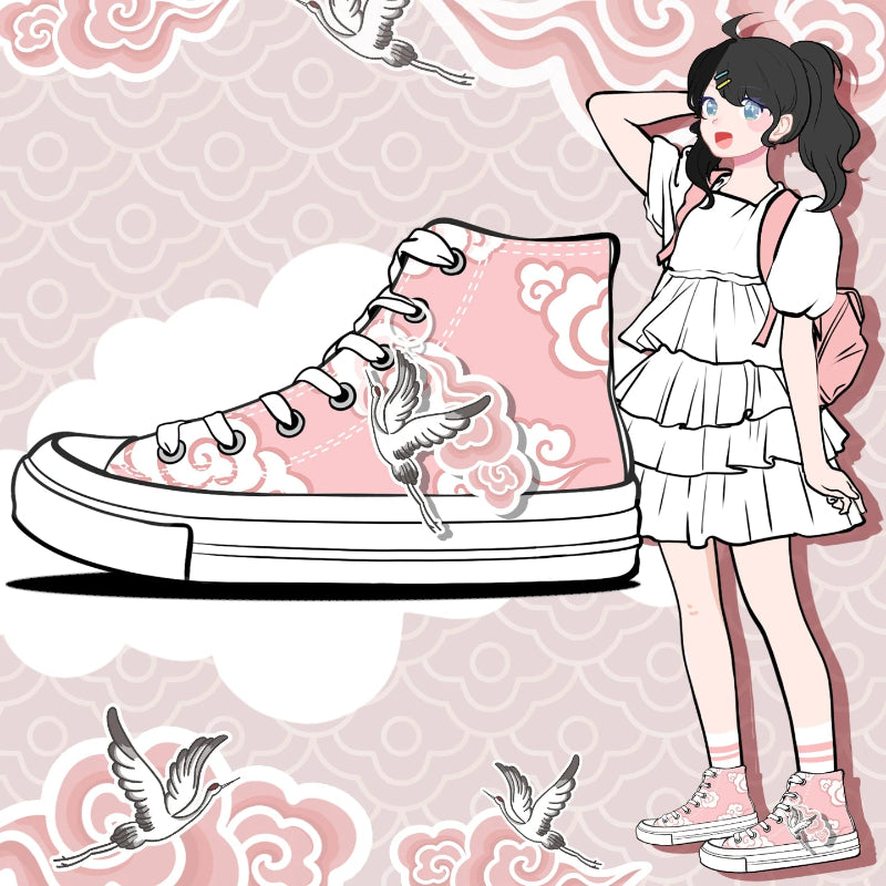 A stylized illustration shows a large pink high-top sneaker with white cloud and bird motifs beside a cartoon girl in a white ruffled dress and pink backpack. The background is a pale pink patterned field with birds and clouds.