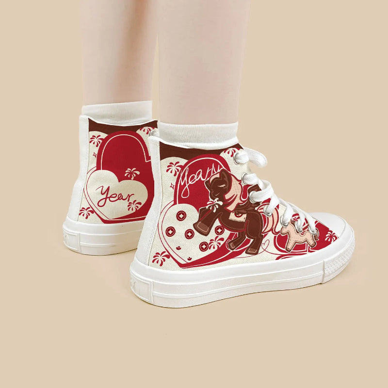 A pair of white high-top sneakers with red and beige pegasus-themed illustrations, shown on a model's feet against a solid beige background.