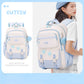Cutesy backpack with star designs worn by a person on a light blue background