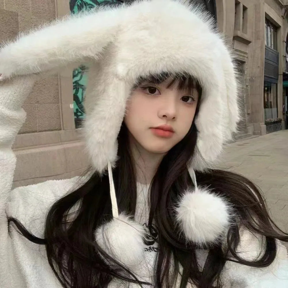 Kawaii Bunny Ears Plush Winter Hat in White