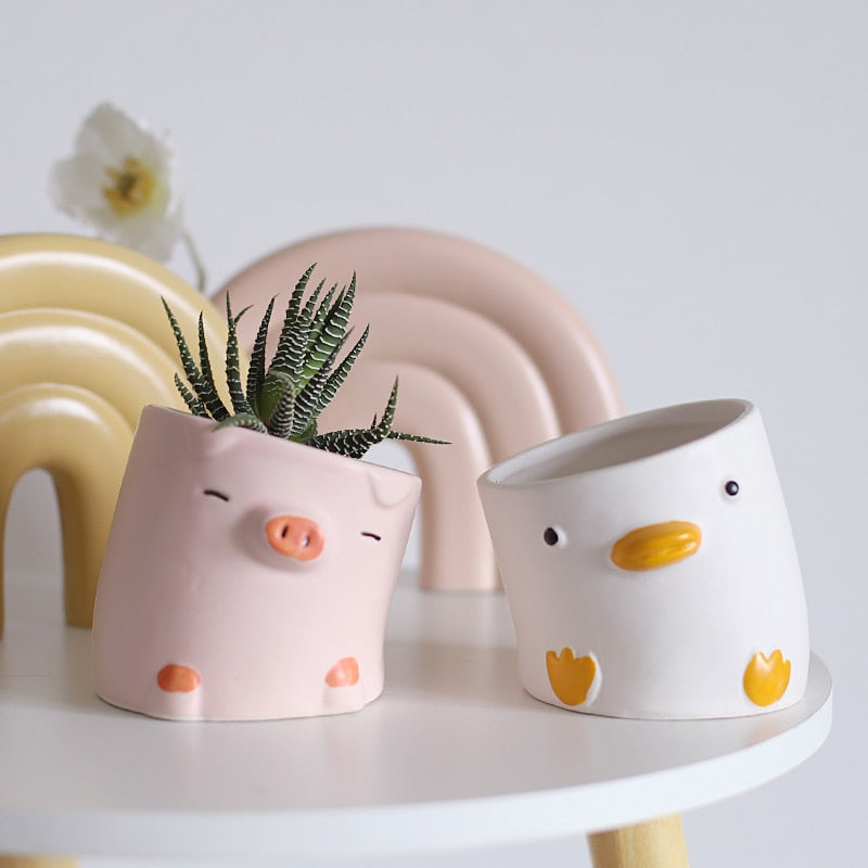 Kawaii Crooked Duck and Pig Planters