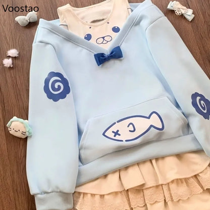 Kawaii Blue Seal Two Piece off Shoulder Hoodie  displayed on a table