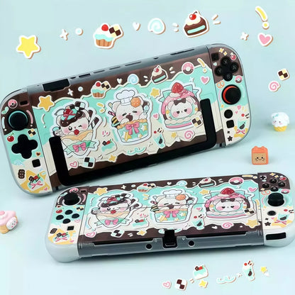 Gaming console with a colorful case featuring kawaii characters on a light blue background.
