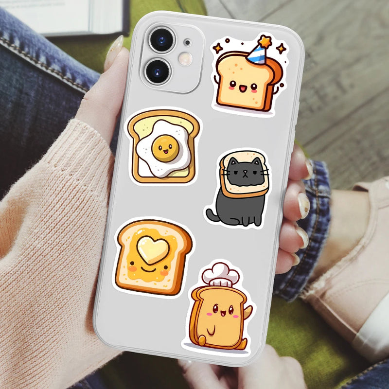 Hand holding phone with Kawaii toast stickers on it