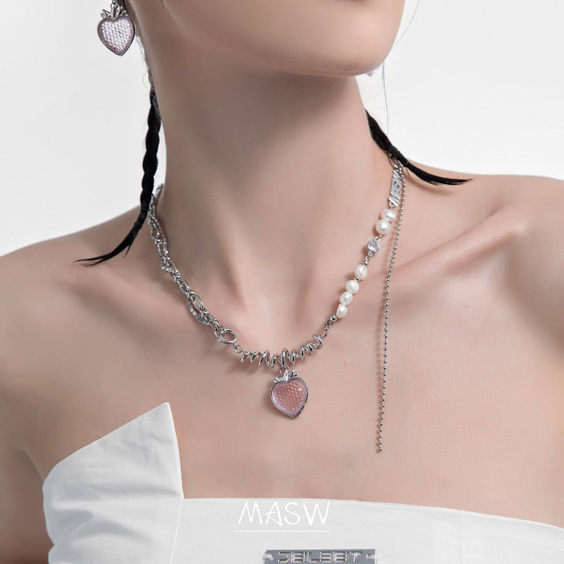 Kawaii Strawberry Pendant Necklace on a Model