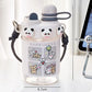 Clear water bottle with panda designs and 'Happiness' text, featuring a measurement label.