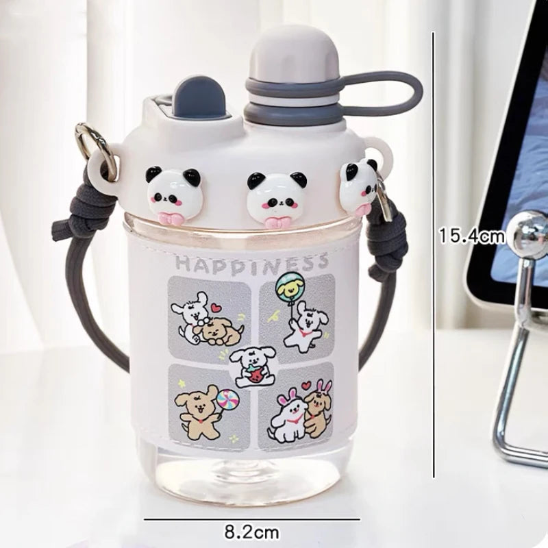 Clear water bottle with panda designs and 'Happiness' text, featuring a measurement label.