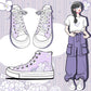 A pair of lavender high-top sneakers with white floral patterns, shown alongside an illustrated girl wearing a matching white crop top and purple cargo pants against a pastel purple background with flowers.