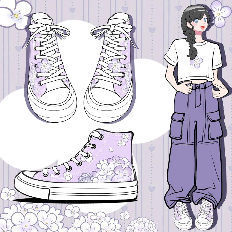 A pair of lavender high-top sneakers with white floral patterns, shown alongside an illustrated girl wearing a matching white crop top and purple cargo pants against a pastel purple background with flowers.