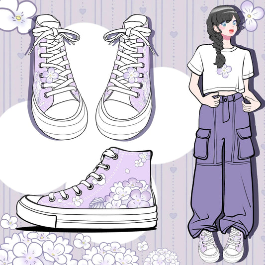 A pair of lavender high-top sneakers with white floral patterns, shown alongside an illustrated girl wearing a matching white crop top and purple cargo pants against a pastel purple background with flowers.