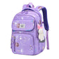 Purple backpack with star pattern and bunny plushie on a white background