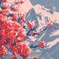 Artistic depiction of cherry blossoms with a mountain in the background