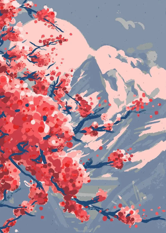 Artistic depiction of cherry blossoms with a mountain in the background