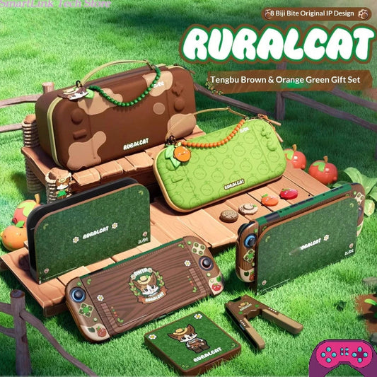 Nintend Switch gift set with brown and orange green items on a grassy background