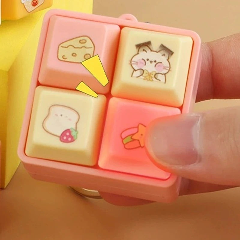 Pink rectangular container with cartoon designs held by a hand on a beige background