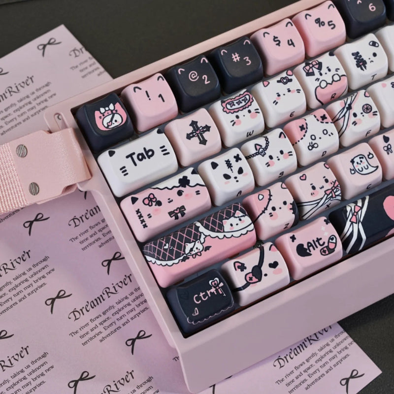 this image is displaying the Kawaii Creepy Cuties Keyboard Keycaps from a closer perspective looking at the overall keyboard and the keycap designs.